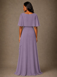 Taupe Chiffon A-Line Mother of the Bride Dress with Cape Sleeves