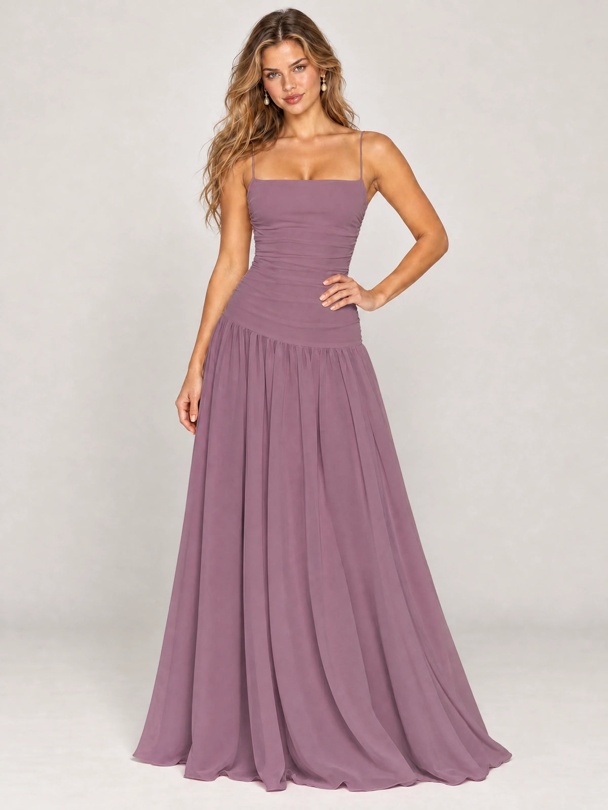 Butter Yellow Ruched Spaghetti Strap Drop-Waist Prom Dress