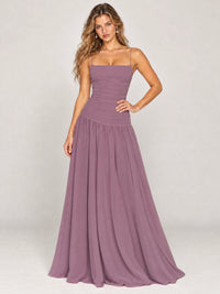Butter Yellow Ruched Spaghetti Strap Drop-Waist Prom Dress