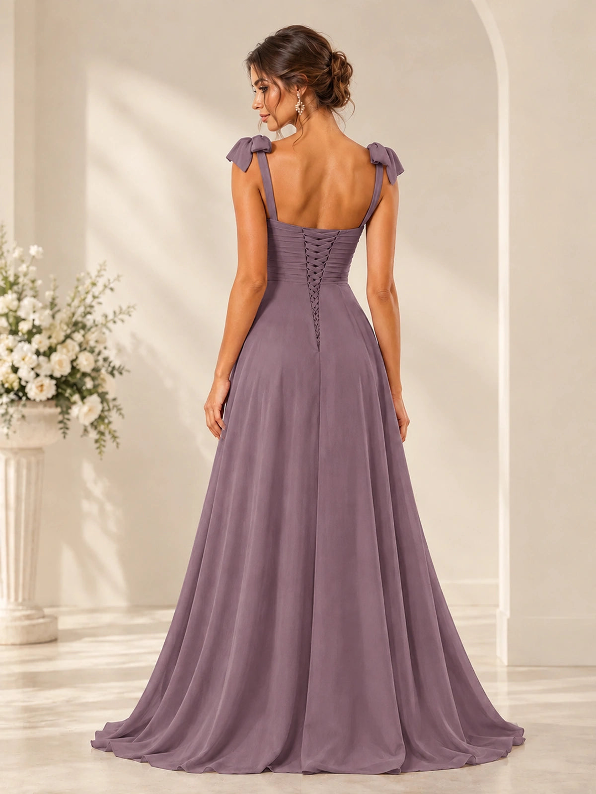 Ruffle Slit Chiffon A Line Scoop Neck Bridesmaid Dresses with Pockets