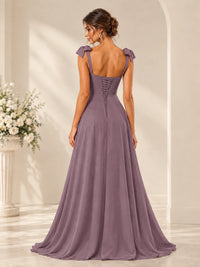Ruffle Slit Chiffon A Line Scoop Neck Bridesmaid Dresses with Pockets