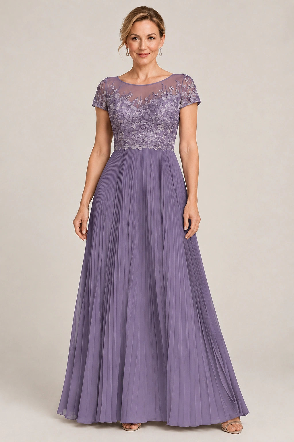 Embroidered Lace Pleated Mother of the Bride Dress