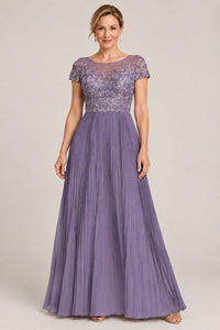 Embroidered Lace Pleated Mother of the Bride Dress