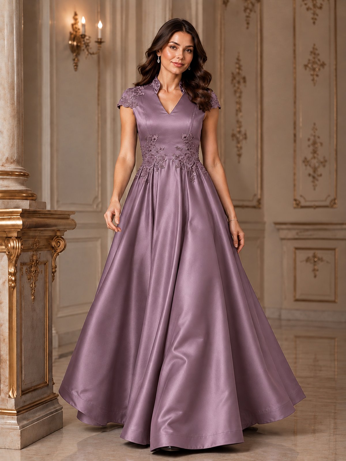 Lace Appliqué A-Line Satin Maxi Dress