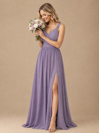 Pleated Chiffon V Neck Wedding Bridesmaid Dresses Floor Length with Slit