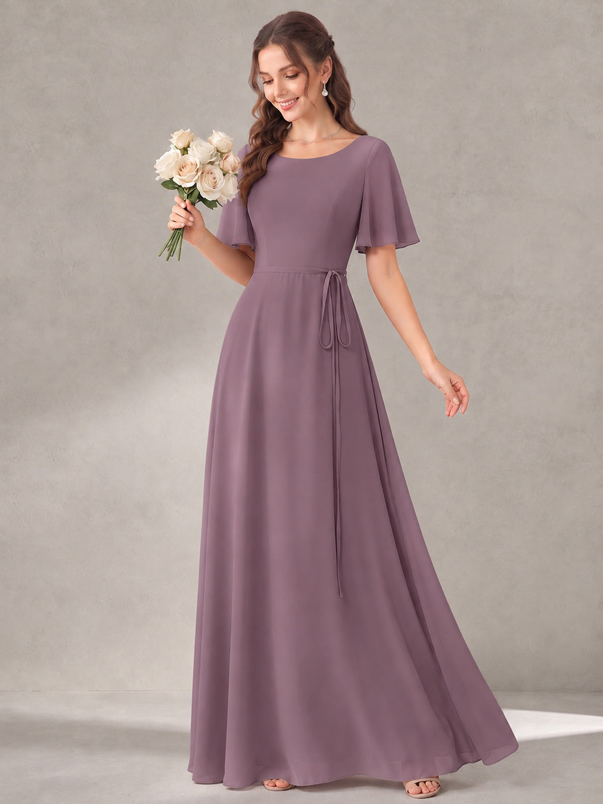 Scoop Neck A-line Chiffon Bridesmaid Dress with Flutter Sleeve & Belt