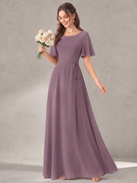 Scoop Neck A-line Chiffon Bridesmaid Dress with Flutter Sleeve & Belt