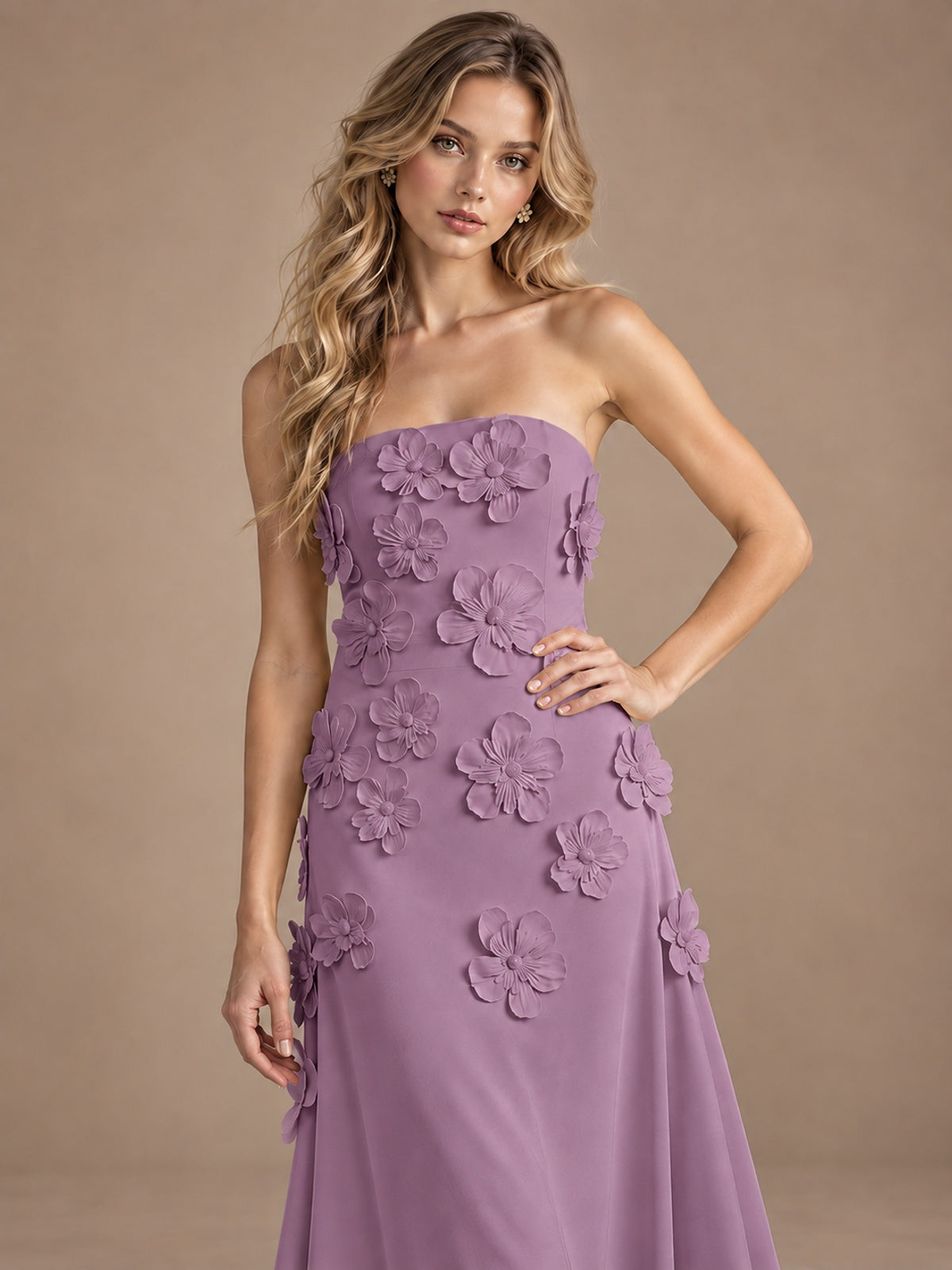 Yellow Strapless A-line Satin Maxi Dress with 3D Floral