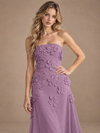 Yellow Strapless A-line Satin Maxi Dress with 3D Floral