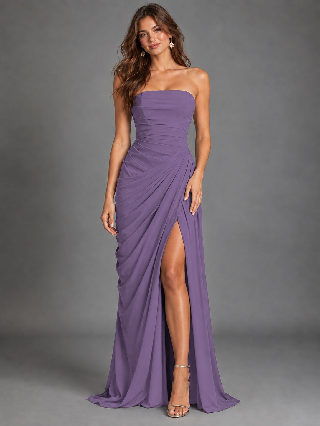Strapless Bodycon Pleated Chiffon Formal Dress with Slit