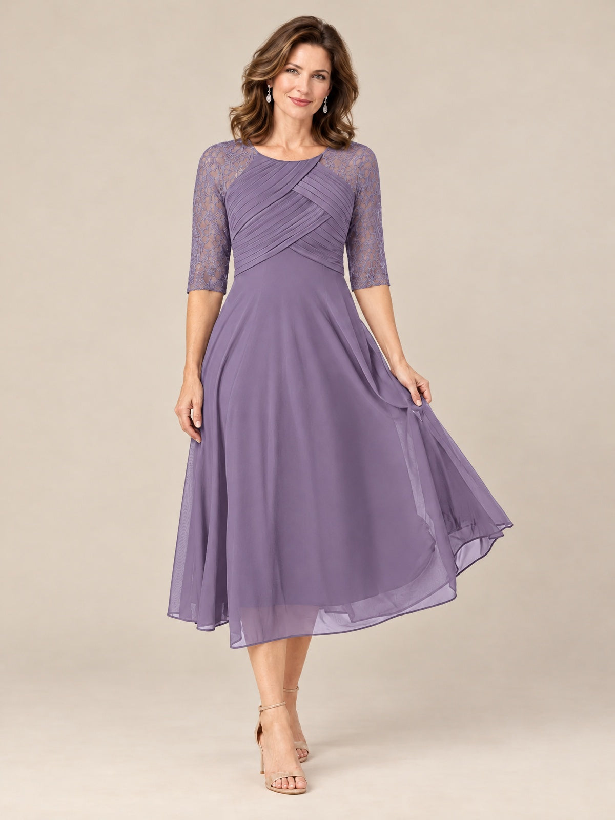 Tea-Length Mother of the Bride Dress with Lace 3/4 Sleeves