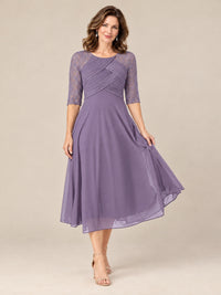 Tea-Length Mother of the Bride Dress with Lace 3/4 Sleeves