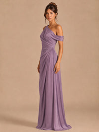 Satin One Shoulder Prom Dress Ruched Long Formal Evening Gown