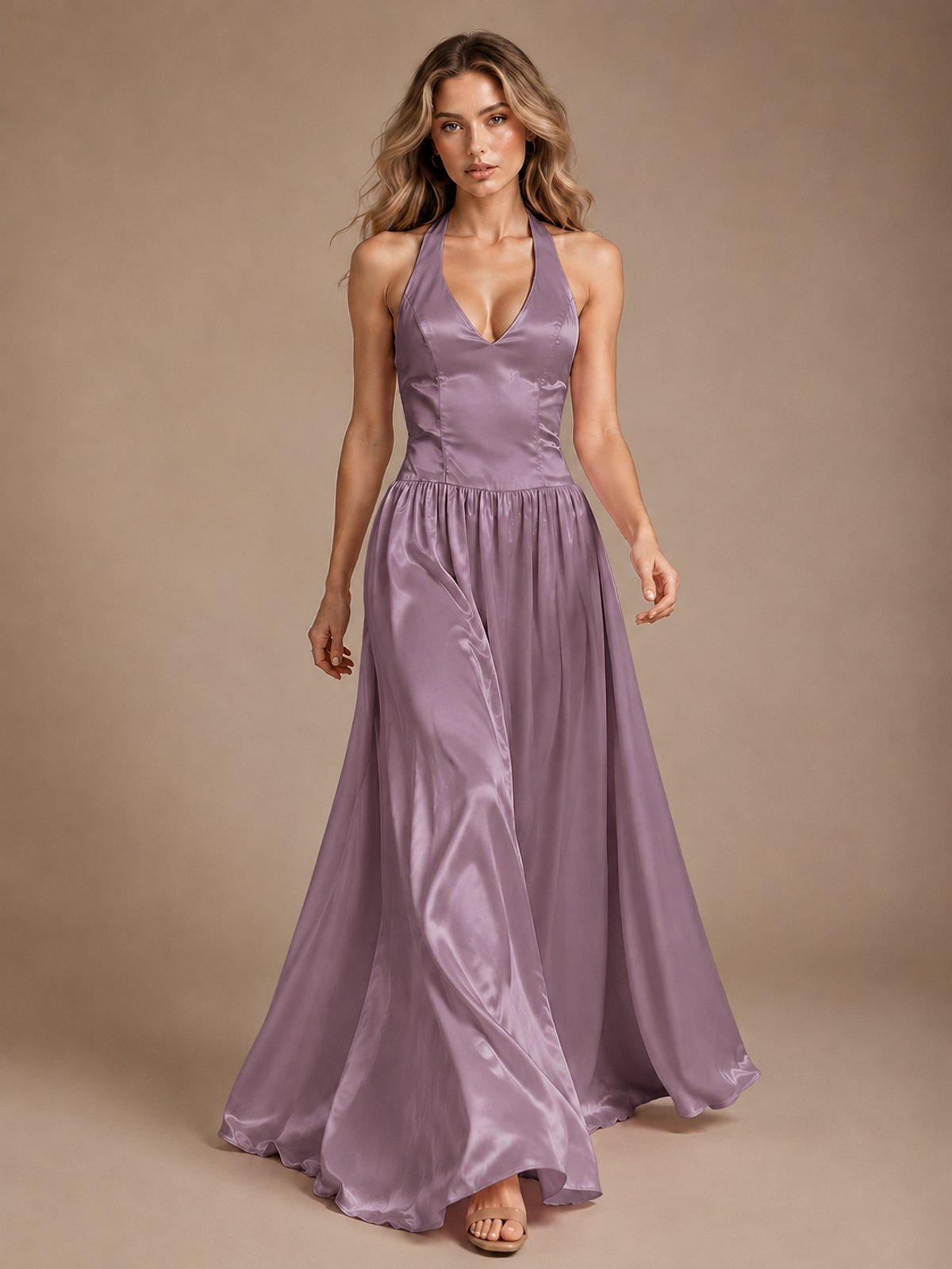 Pink V Neck Halter Satin Maxi Dress