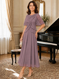 Tea-Length Chiffon Mother of the Bride Dress with Sequin Lace Sleeves