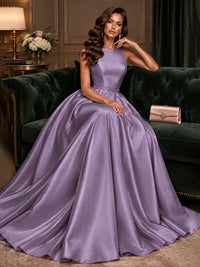 Satin A-Line Prom Dress Sleeveless Beaded Waist Formal Gown with Pockets