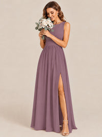 A-line Sleeveless Rucehd Chiffon Bridesmaid Dress with High Slit