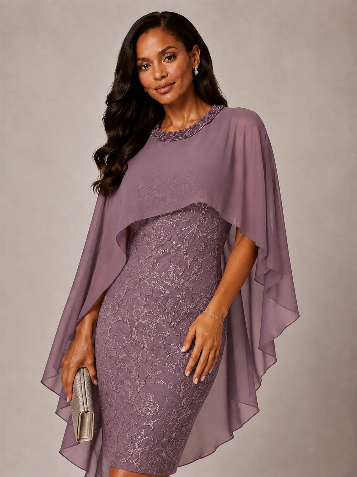 Floral Sheath Mother of the Bride Dress with Cape Overlay