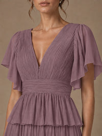 Chiffon V-Neck Tiered Ruffle Bridesmaid Dress with Slit