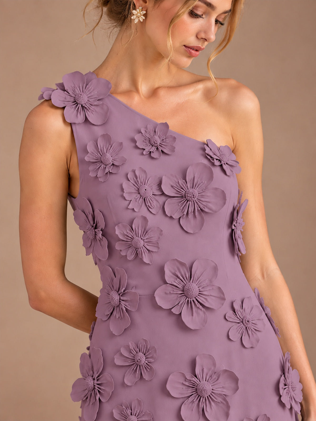 Sage Green One Shoulder Satin Formal Maxi Dress with 3D Floral