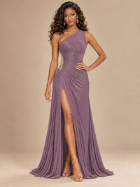 Burgundy One Shoulder Ruched Prom Dress with High Slit & Beaded Waist