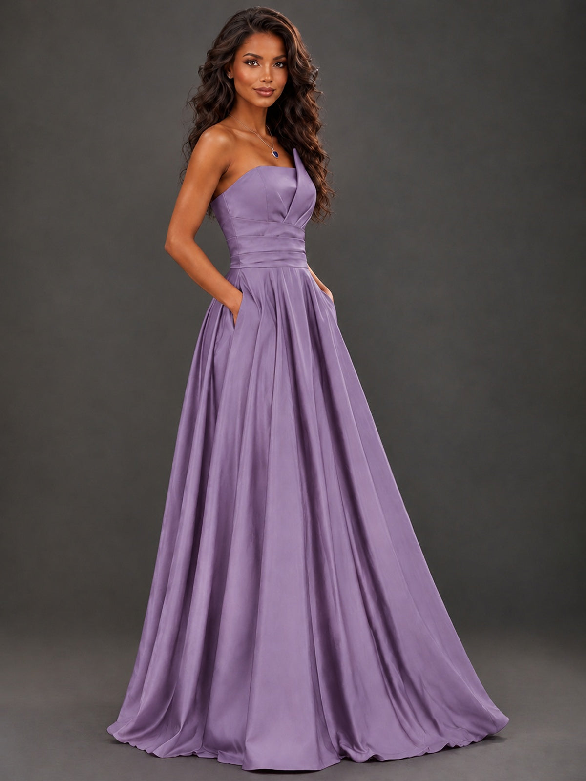 Draped Satin Prom Dress Strapless A-line Formal Dress Floor Length