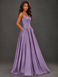 Draped Satin Prom Dress Strapless A-line Formal Dress Floor Length