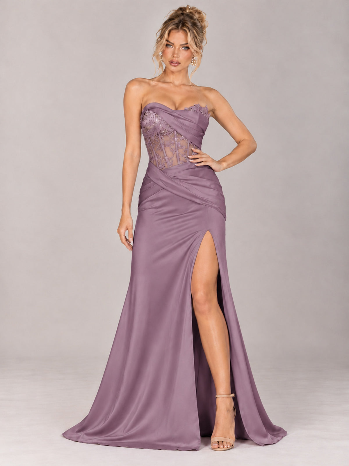 Strapless Satin Prom Dress with Sheer Lace Corset & High Slit