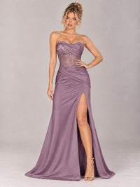 Strapless Satin Prom Dress with Sheer Lace Corset & High Slit