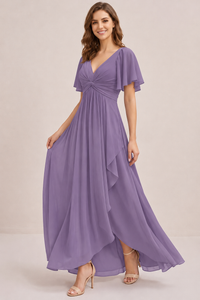 Dusty Blue Chiffon Bridesmaid Dress with Flutter Sleeves & High-Low Hem