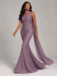 Pleated Chiffon Lace Prom Dresses Long Bodycon Mermaid with Scarf