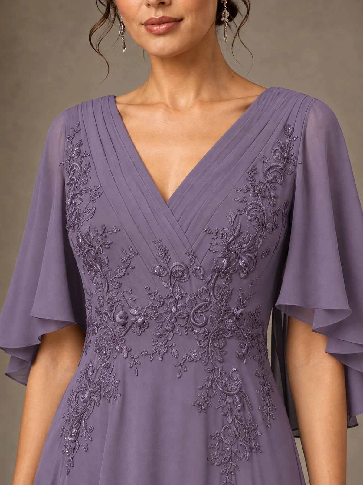 V-Neck Chiffon Lace Mother of the Bride Dress with Flutter Sleeves
