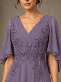 V-Neck Chiffon Lace Mother of the Bride Dress with Flutter Sleeves