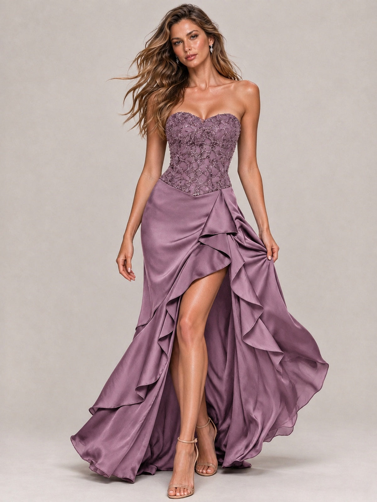 Strapless Lace Appliques Corset Satin Prom Dress Ruffle Slit Evening Gown
