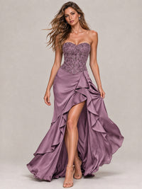 Strapless Lace Appliques Corset Satin Prom Dress Ruffle Slit Evening Gown