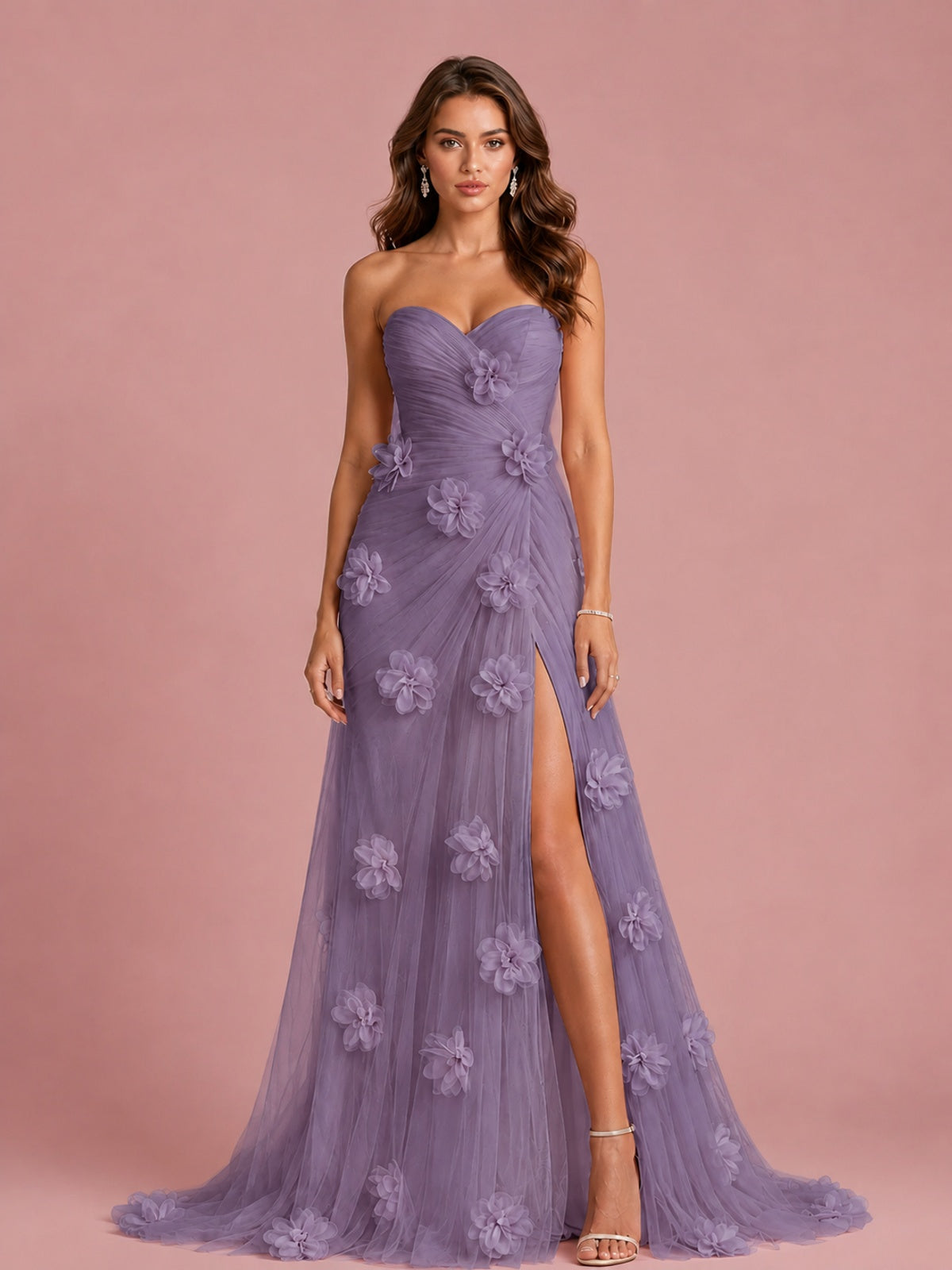 3D Floral Applique Strapless Tulle Prom Dress with High Slit