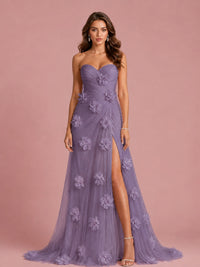 3D Floral Applique Strapless Tulle Prom Dress with High Slit