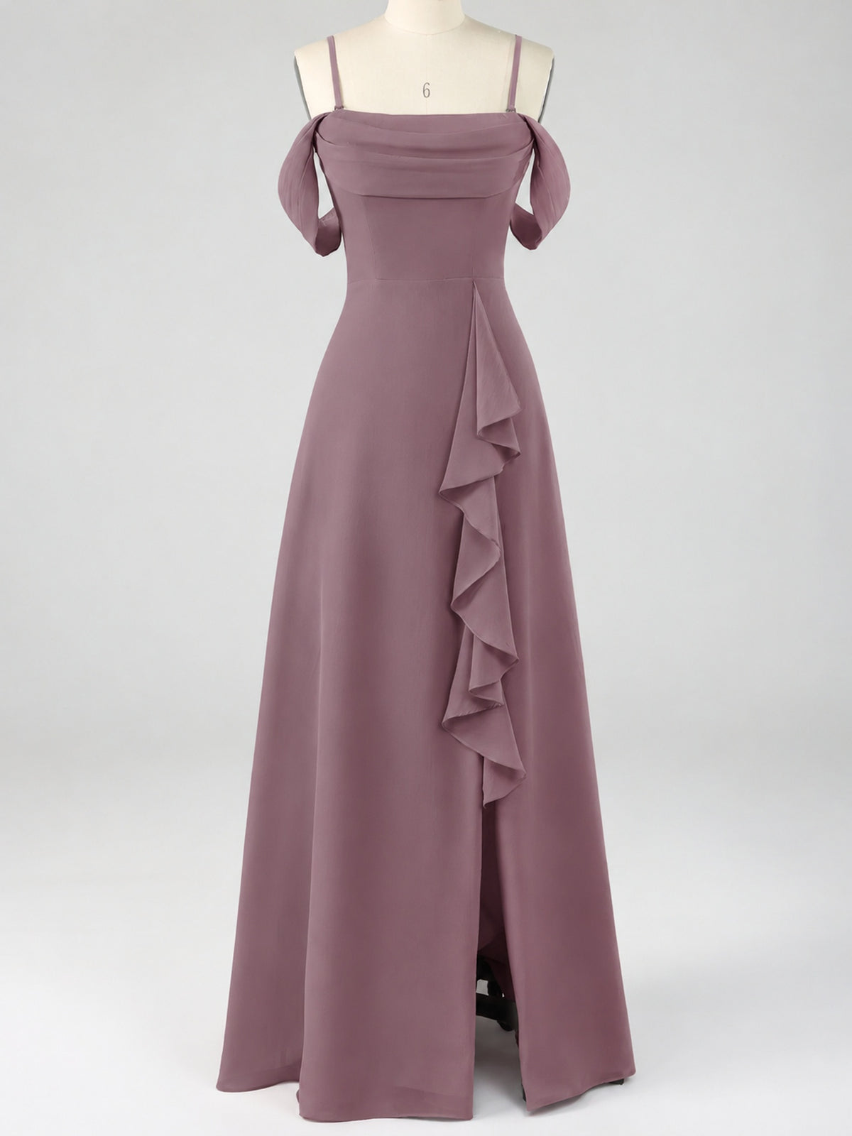 Spaghetti Strap Chiffon Bridesmaid Dress with Ruffles Slit