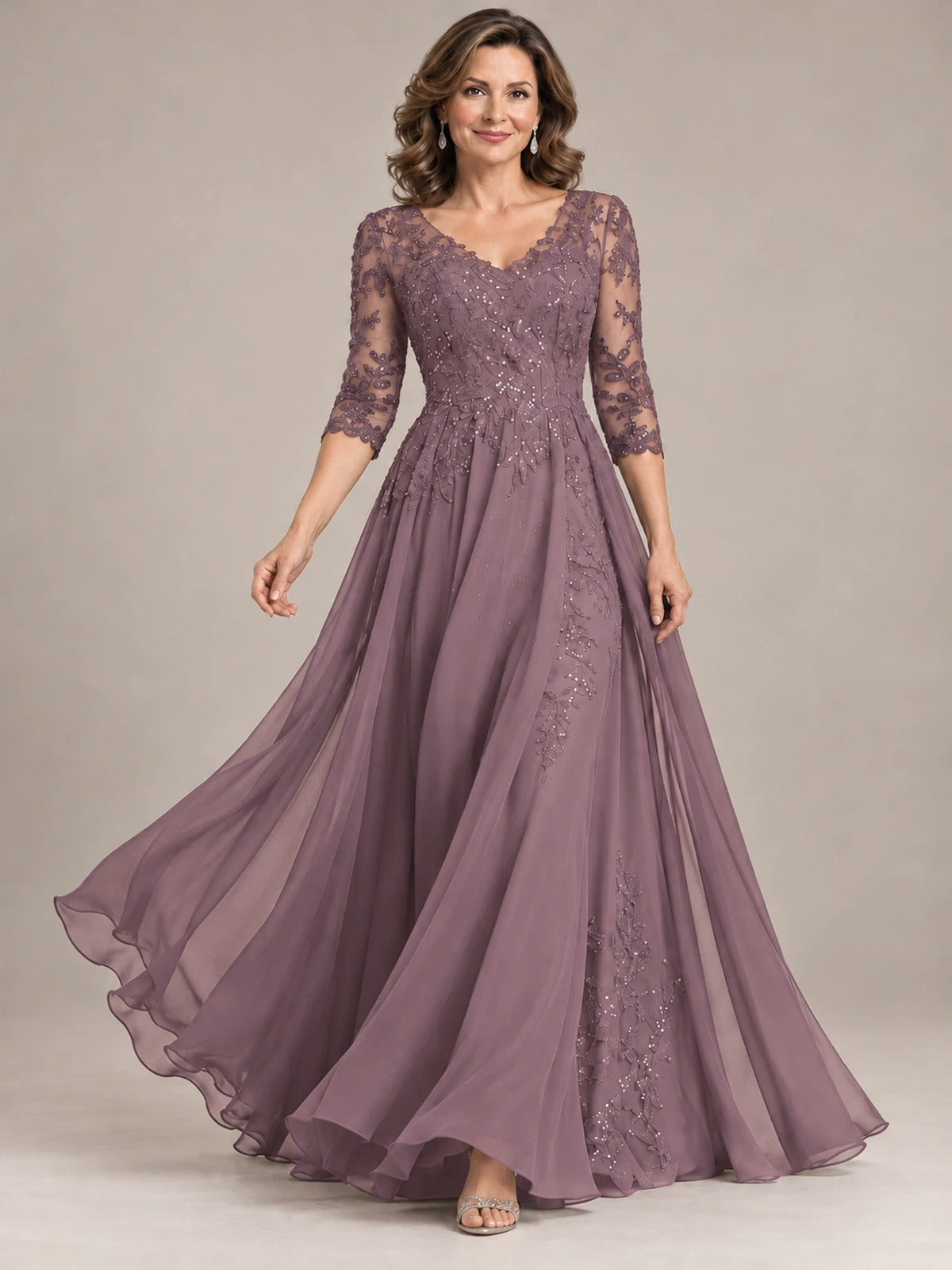 Sequin Lace A-Line Mother of the Bride Dress with 3/4 Sleeves