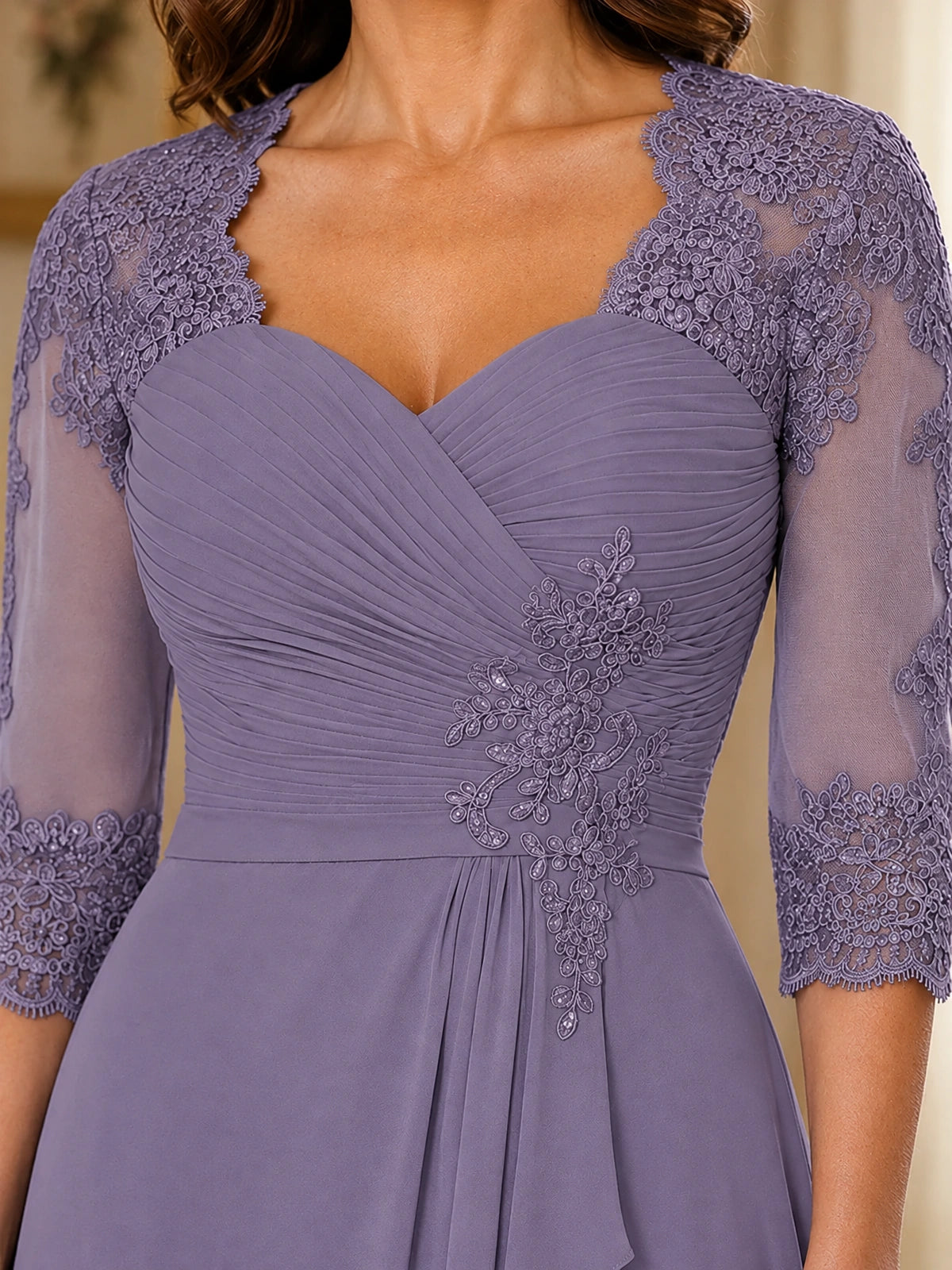 Chiffon Lace Applique Mother of the Bride Dress with 3/4 Sleeves