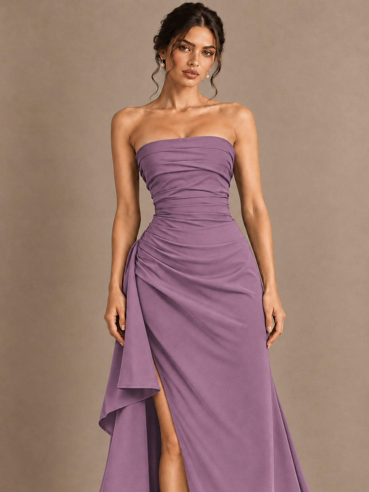 Black and White Strapless Ruched Prom Dress with High Slit & Side Drape