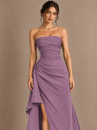 Black and White Strapless Ruched Prom Dress with High Slit & Side Drape