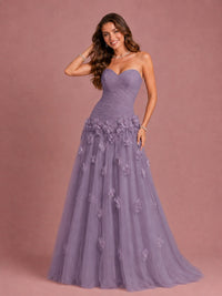 Blush Pink Strapless Sweetheart 3D Floral Tulle Ball Gown Prom Dres