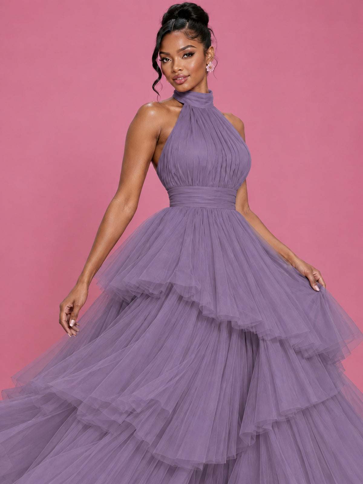 Hot Pink Tulle Halter Neck Tiered Ruffle Maxi Dress