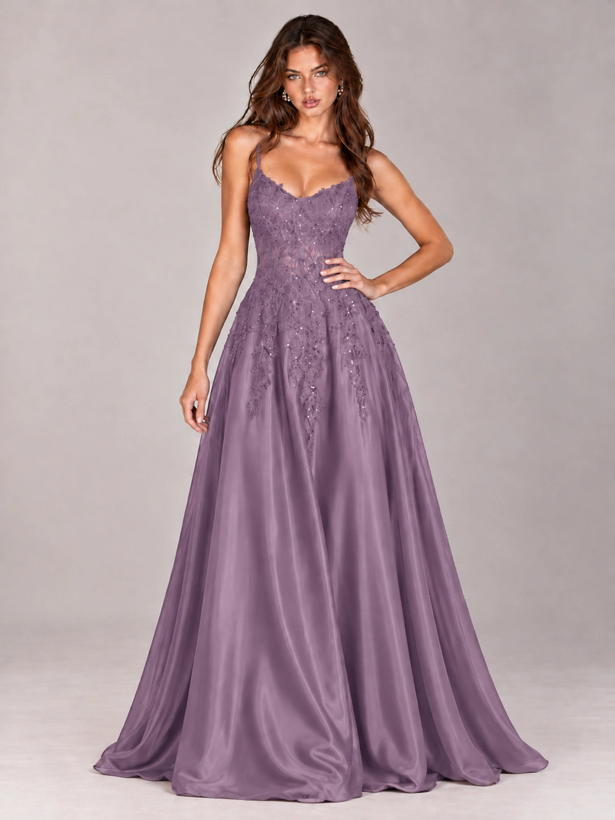 Lace Applique Satin A-Line Prom Dress with Sheer Bodice