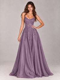 Lace Applique Satin A-Line Prom Dress with Sheer Bodice