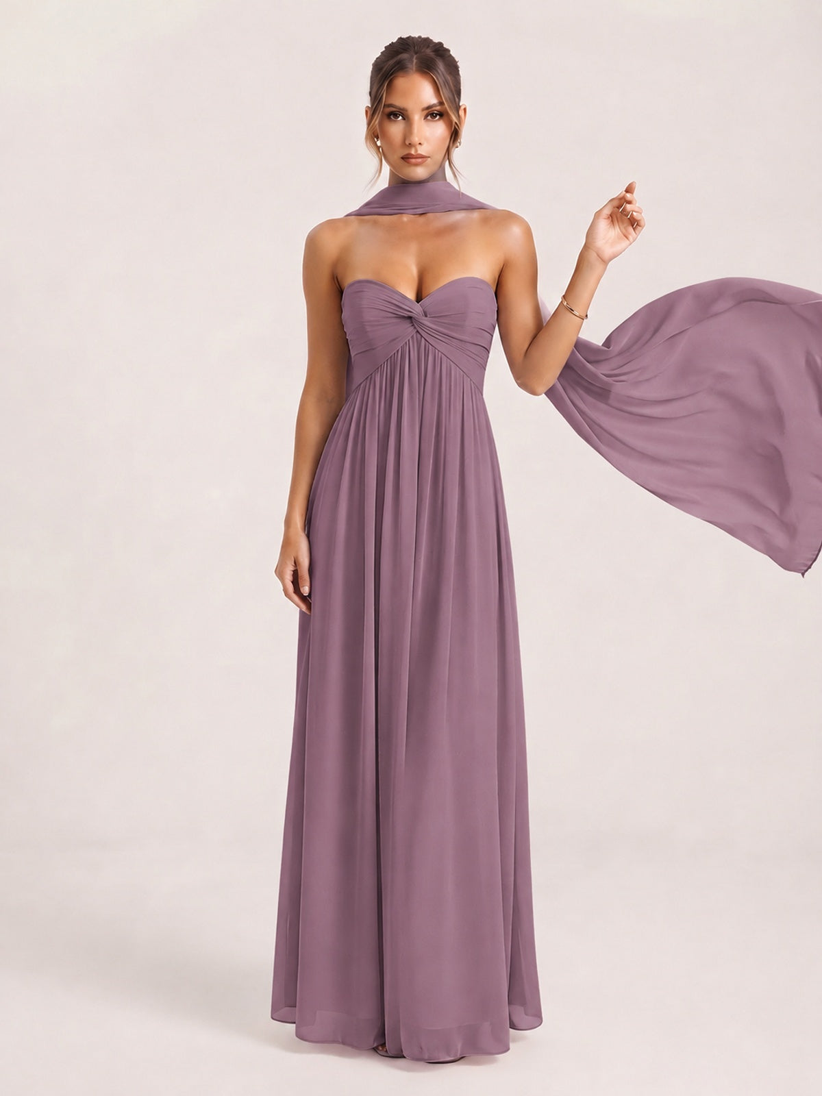 Strapless Ruched Chiffon Long Prom Dress with Scarf