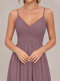 V-Neck Pleated Chiffon Long Bridesmaid Dress with Slit