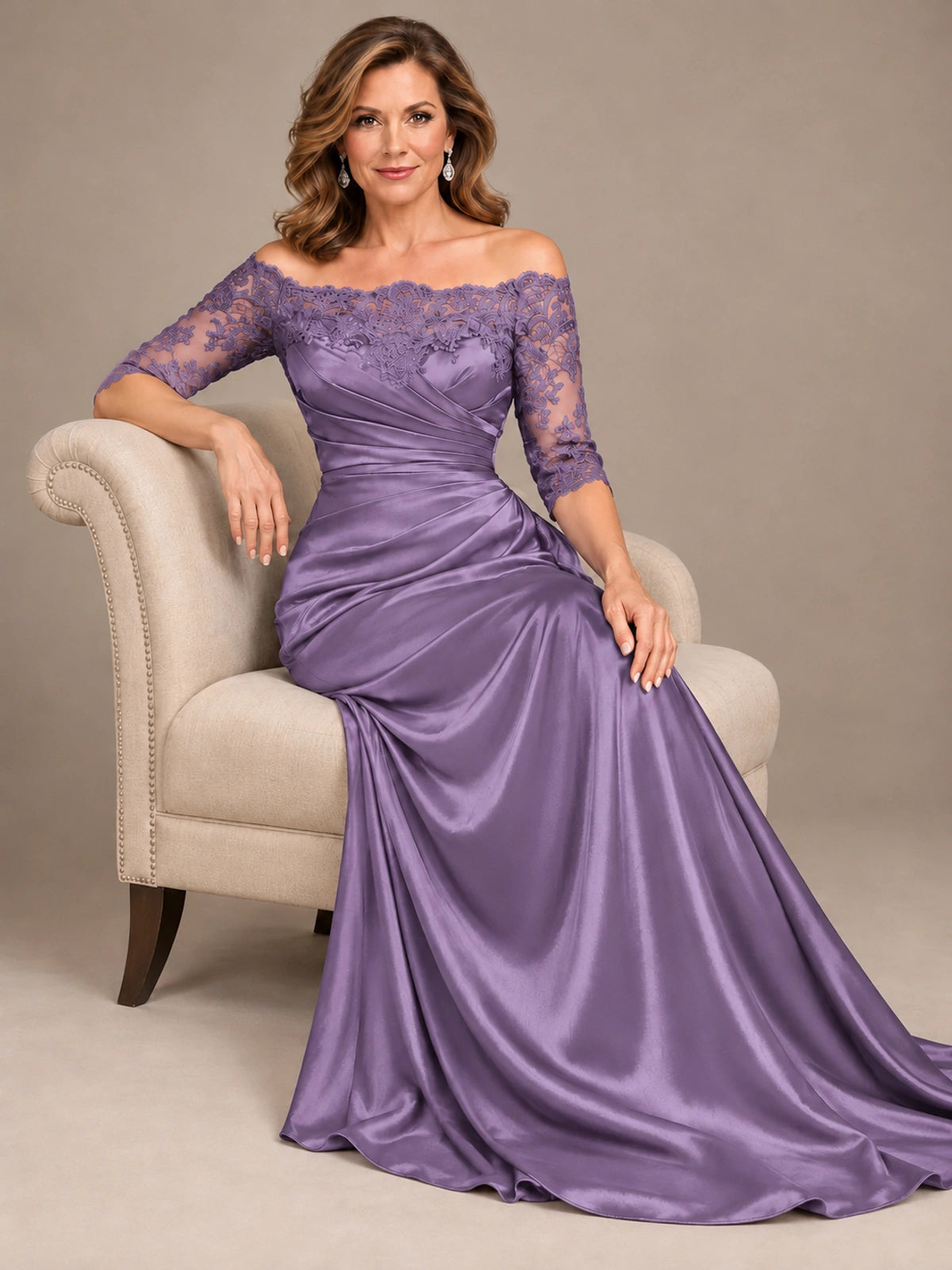Satin Mother of the Bride Dress with Lace Sleeves Off Shoulder Formal Gown