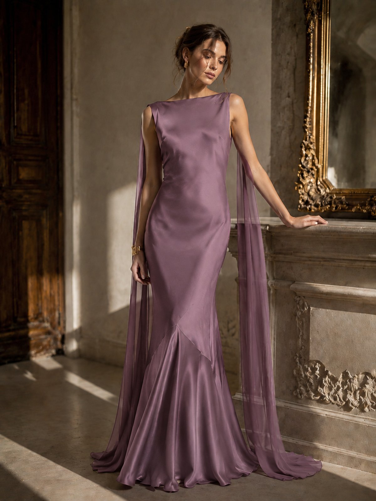 Burgundy Satin Mermaid Cape Maxi Dress